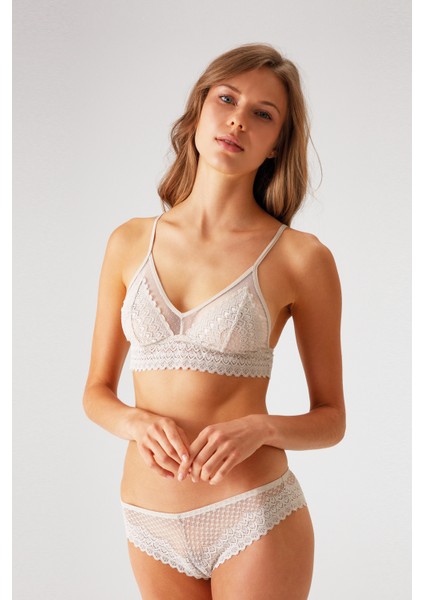 Taş Rengi 4834 Tül Detaylı Balensiz Üçgen Bralet Sütyen ve Brazilian / Iç Çamaşır Takımı