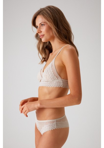 Taş Rengi 4834 Tül Detaylı Balensiz Üçgen Bralet Sütyen ve Brazilian / Iç Çamaşır Takımı fiyatları