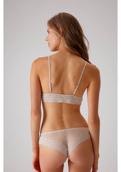 Taş Rengi 4834 Tül Detaylı Balensiz Üçgen Bralet Sütyen ve Brazilian / Iç Çamaşır Takımı modelleri