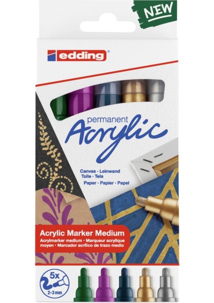 5100 Akrilik Markör 2-3 mm Yuvarlak Uç - 5'li Set (Metalik) Yeşil Mor Mavi Gümüş Altın indirimleri