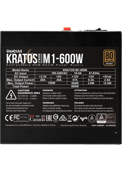 Gamdıas Kratos M1-600B, 600W, 80+ Bronze, Aktif Pfc, Rgb, Gamıng Psu (Box)