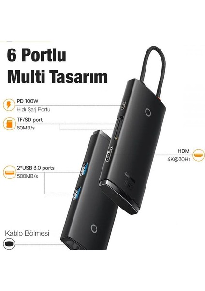 100W 6in1 Pd Type C Çoğaltıcı Çevirici Hub, 2x Usb, 1x Hdmi, 1x Pd Type C, 1x Sd/tf Adaptör