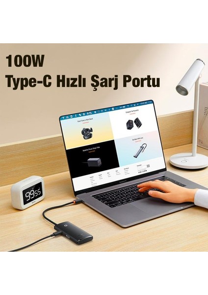 100W 6in1 Pd Type C Çoğaltıcı Çevirici Hub, 2x Usb, 1x Hdmi, 1x Pd Type C, 1x Sd/tf Adaptör