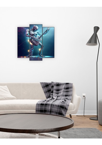 Ahşap Tablo 3 Parça Tek Fotoğraf Uv Baskı Dekoratif Robot Gitarist Yapay Zeka