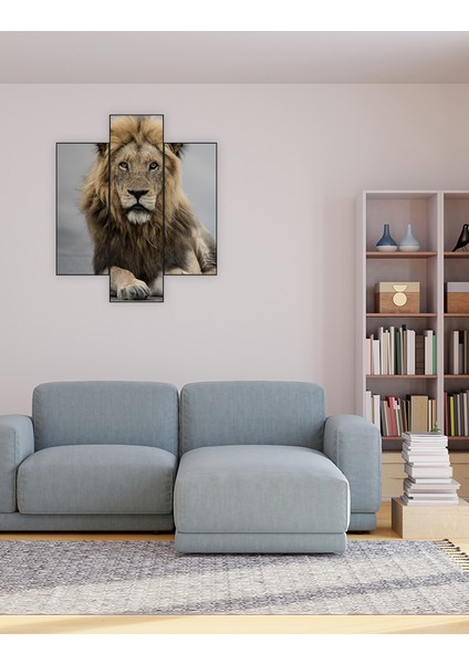 Ahşap Tablo 3 Parça Tek Fotoğraf Uv Baskı Dekoratif Aslan