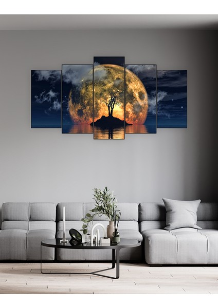 Ahşap Tablo 5 Parça Tek Fotoğraf Uv Baskı Dekoratif Ay