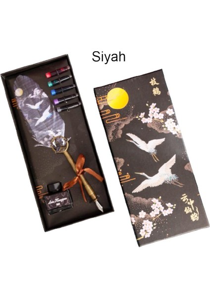 Tüy Divit Kalem Mürekkep 7 Li Pirinç Set Cren Kuşu Desenli Siyah