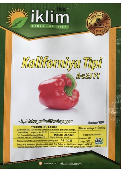 A-Z Tohum Biber Tohumu A-Z 25 F1 Kalifornia Tipi Biber - 20 Adet Tohumluk