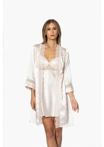 6'Lı Saten Gecelik Sabahlık Çeyiz Seti 6010 Ekru