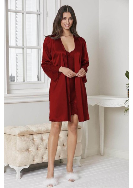 6'Lı Kaplı Midi Gecelik Sabahlık Set 6015 Bordo