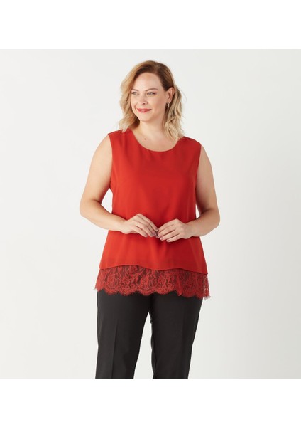 3207 Etek Ucu Dantelli Şifon Büyük Beden Şık Bluz Tarçın