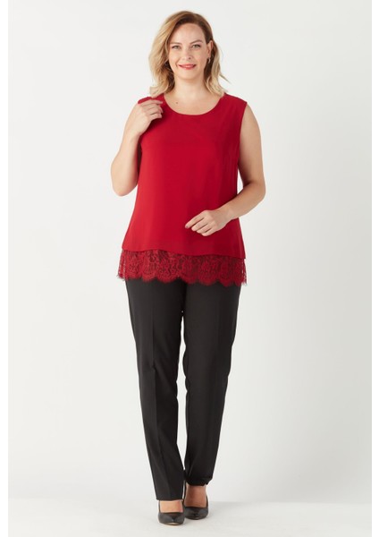 3207 Etek Ucu Dantelli Şifon Büyük Beden Şık Bluz Kırmızı modelleri