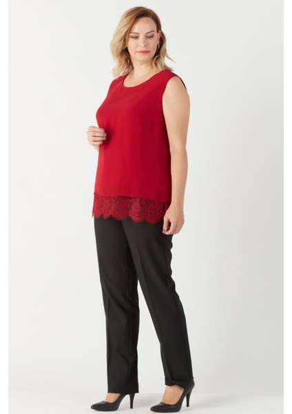 3207 Etek Ucu Dantelli Şifon Büyük Beden Şık Bluz Kırmızı fiyatları