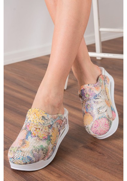 Çiçek Desen Hakiki Deri Kadın Airmax Taban Tam Ortopedik Anatomik Hastene - Doktor - Hemşire - Aşçı Sabo Terlik fiyatları