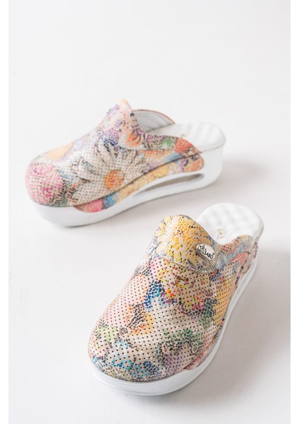 Çiçek Desen Hakiki Deri Kadın Airmax Taban Tam Ortopedik Anatomik Hastene - Doktor - Hemşire - Aşçı Sabo Terlik modelleri