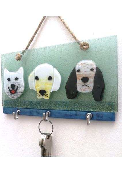 Dekoratif Füzyon Cam Üçlü Köpek Desenli Anahtar Askısı Anahtarlık Dekor