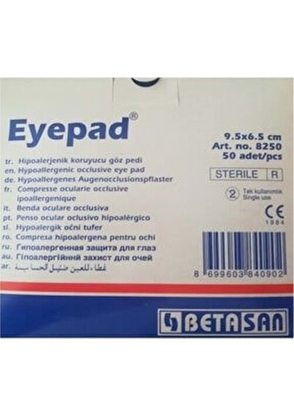 Eyepad Hipoalerjenik Koruyucu Yetişkin Steril Göz Pedi 9,5 x 6,5 cm 50 Adet