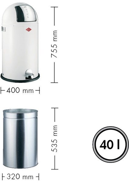 Beyaz -Kickboy Çöp Kutusu 40 LITRE(400X755MM)