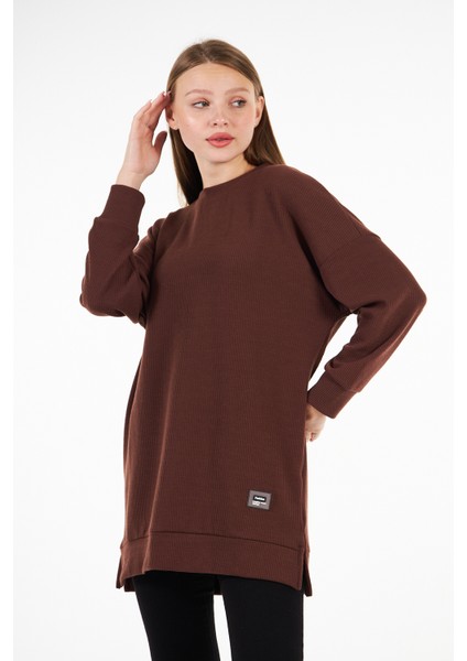 BRAKO TEKSTİL Kadın Camel Tunik Fitilli Tiril Kumaş Yırtmaçlı Tunik Armalı Oversize Tunik