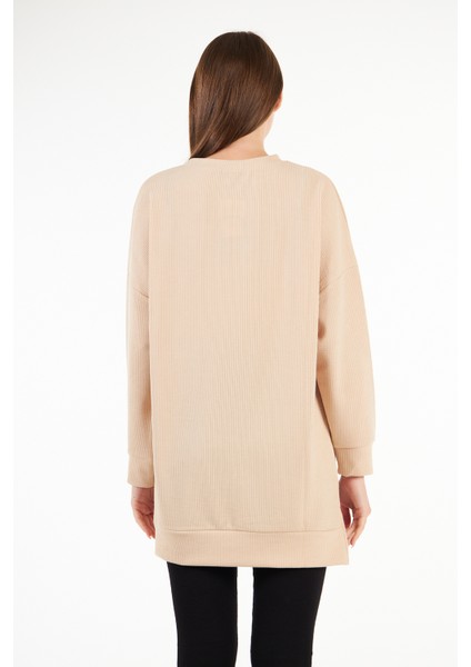 Kadın Camel Tunik Fitilli Tiril Kumaş Yırtmaçlı Tunik Armalı Oversize Tunik