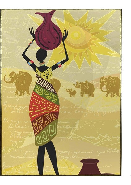 Afrika Çölleri Filler ve Afrikalı Kadın Illüstrasyon Poster P-004650