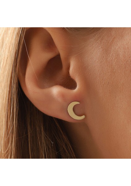 Kadın 14 Ayar Altın Küpe Minimalist Ay Temalı Vidalı Altın Küpe 13 MM-MM200116