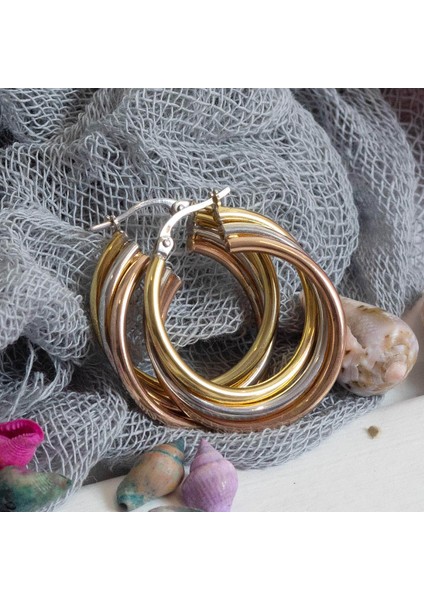 Kadın Italyan3 Renkli Rose Beyaz Yeşil Halka Küpe 14 Ayar Altın (2,8 CM)-MMKP697 indirimleri