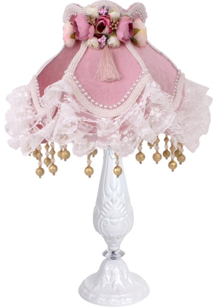 Kadife Kaplı Çiçek Dekorlu Abajur Pudra