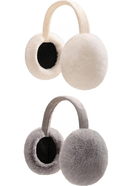 2 Adet Peluş Kulak Isıtıcı Katlanır Rahat Termal Kulak Muffs Açık Kulaklıklar Beyaz Gri (Yurt Dışından)