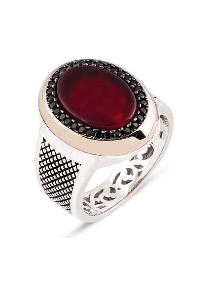 Gümüş Akik Taşlı Çevresi Zirkon Süslemeli Erkek Yüzük