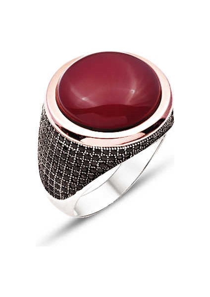 Gümüş Akik Kapşon Taşlı Yanları Siyah Zirkon Taşla Süslenmiş Erkek Yüzük