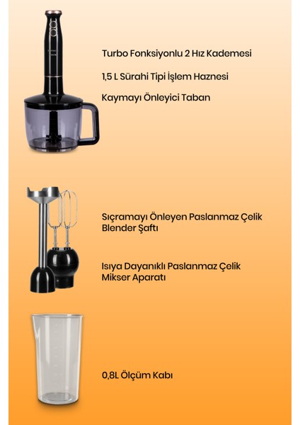 Nutrimax 1.5 Litre Geniş Hazneli 1500 Watt Paslanmaz Çelik Ölçüm Kaplı 3in1 Multi Blender Set