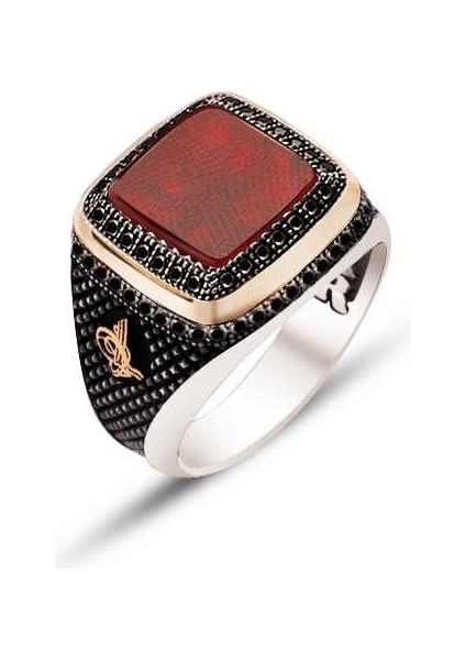 Gümüş Akik Taşlı Yanları Siyah Zirkon Süslemeli Erkek Yüzük