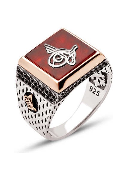 Gümüş Akik Taşlı Üzeri Tuğralı Erkek Yüzük