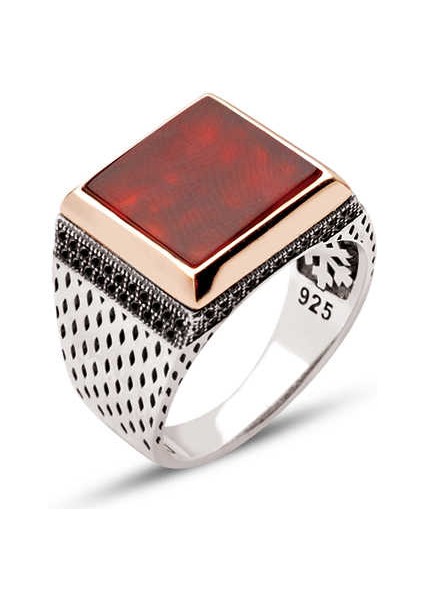 Gümüş Akik Taşlı Yanları Zirkon Süslemeli Kare Model Yüzük