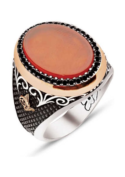 Gümüş Akik Taşlı Zirkon Süslemeli Yanları Tuğra Işlemeli Erkek Yüzük