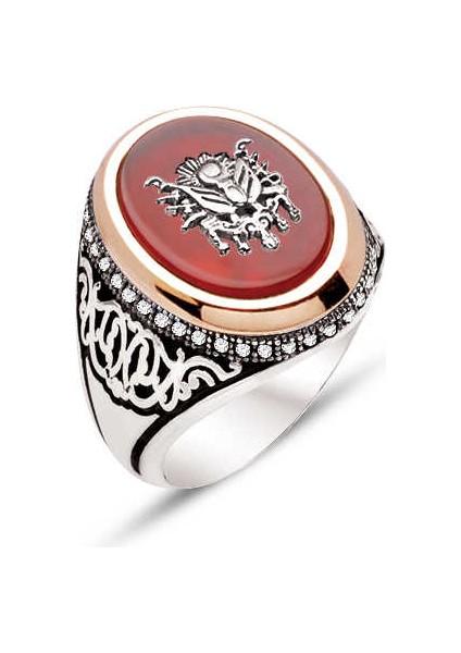 Gümüş Akik Taşlı Üzeri Osmanlı Devlet Armalı Yanları Beyaz Zirkon Taşlı Erkek Yüzük