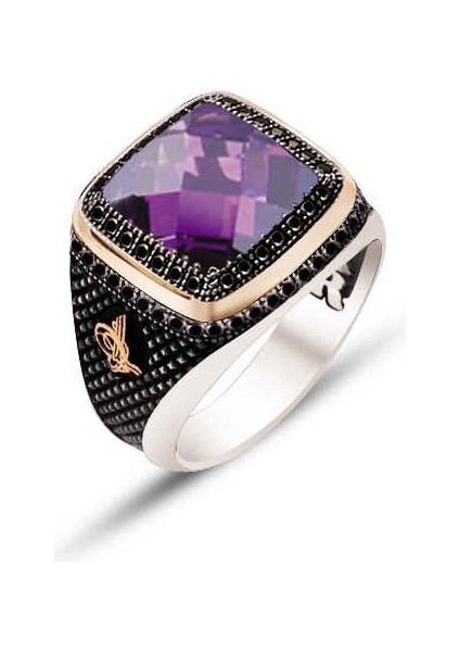 Gümüş Ametist Faset Taşlı Yanları Siyah Zirkon Süslemeli Erkek Yüzük