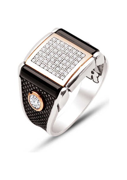 Gümüş Beyaz Zirkon Işlemeli Akik Taş Detaylı Yanları Tek Taşlı Yüzük