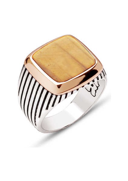 Gümüş Kaplan Gözü Taşlı Çizgili Kasalı Yüzük