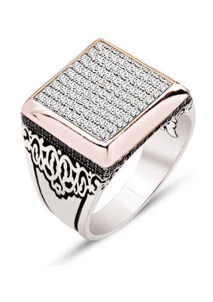 Gümüş Beyaz Zirkon Taşlı Yanları Motifli Erkek Yüzük