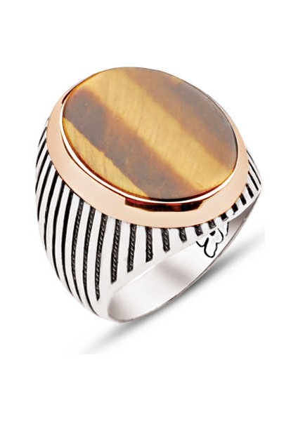 Gümüş Kaplan Gözü Taşlı Çizgili Kasa Erkek Yüzük