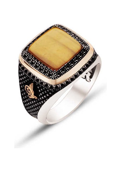 Gümüş Kaplan Gözü Taşlı Yanları Siyah Zirkon Süslemeli Erkek Yüzük