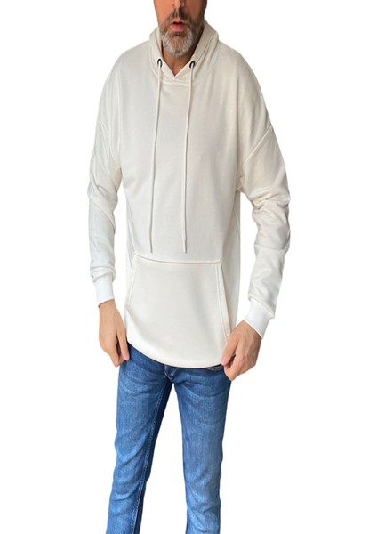 Over Up Ekru Basic Oversize 3 Iplik Kanguru Cep Kapüşonlu Sweatshirt