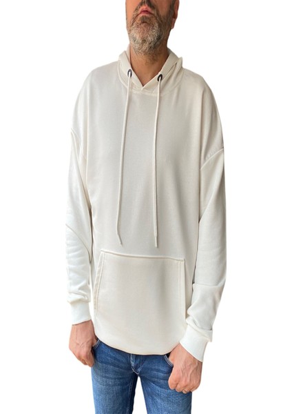 Over Up Ekru Basic Oversize 3 Iplik Kanguru Cep Kapüşonlu Sweatshirt
