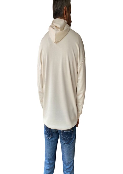 Over Up Ekru Basic Oversize 3 Iplik Kanguru Cep Kapüşonlu Sweatshirt