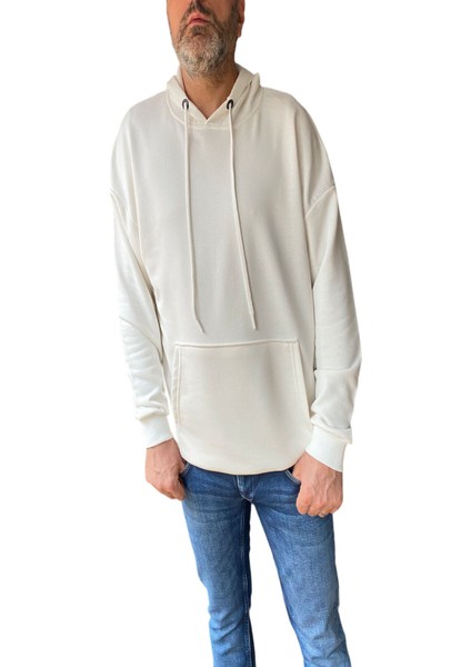 Over Up Ekru Basic Oversize 3 Iplik Kanguru Cep Kapüşonlu Sweatshirt
