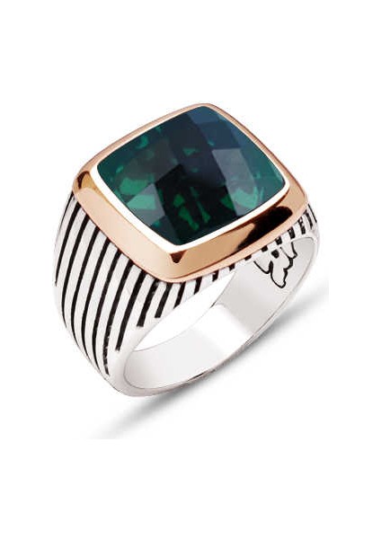 Gümüş Fasetli Yeşil Zirkon Taşlı Çizgili Kasalı Yüzük