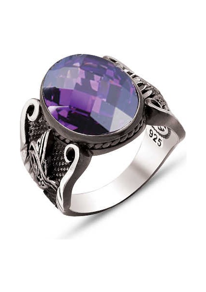 Gümüş Fasetli Ametist Taşlı Kenarları Osmanlı Devlet Armalı ve Osmanlı Tuğralı Yüzük