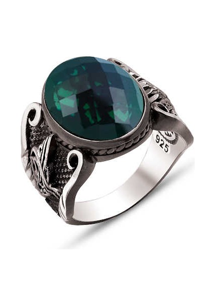 Gümüş Fasetli Yeşil Zirkon Taşlı Kenarları Osmanlı Devlet Armalı ve Osmanlı Tuğralı Yüzük